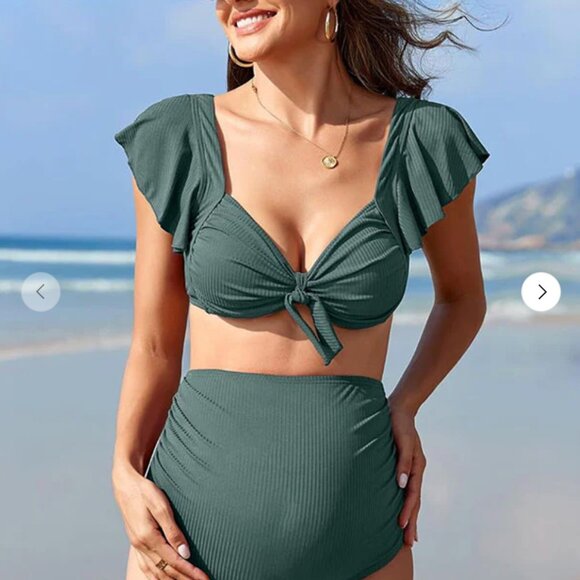 Charmo Ruffle Sleeve Ribbed Ruched Maternity Bikini Set size L EUC - Picture 6 of 8